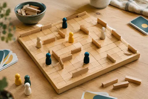Plateau de stratégie en bois quadrillé avec barrières et pions, présenté sur une table claire.
