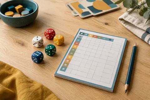 Six dés colorés et un bloc de grilles de score disposés sur une table en bois clair