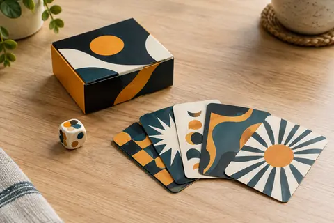 Jeu de mime compact avec cartes en papier et dé posé sur une table en bois clair