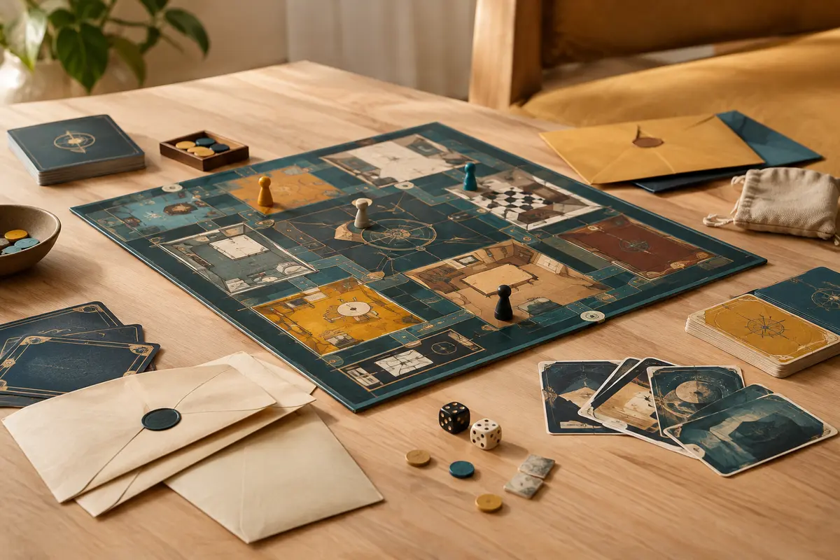 Jeu d’enquête avec plateau évolutif, cartes, pions et enveloppes disposés sur une table en bois clair.