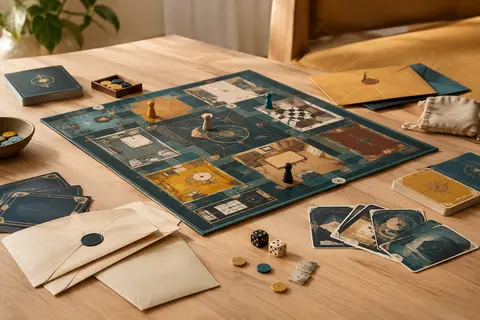 Jeu d’enquête avec plateau évolutif, cartes, pions et enveloppes disposés sur une table en bois clair.