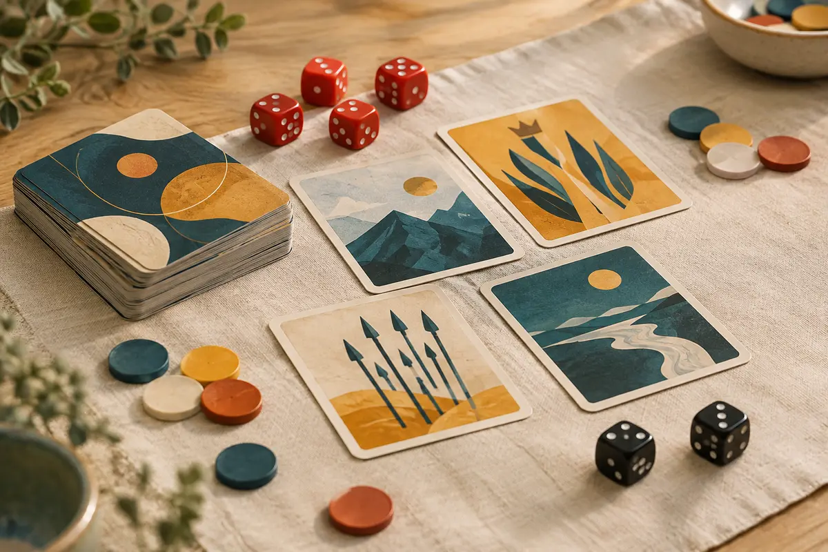 Jeu de cartes de conquête avec dés rouges et noirs et jetons colorés sur une table claire