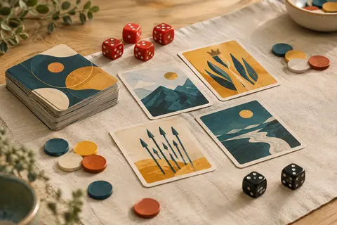 Jeu de cartes de conquête avec dés rouges et noirs et jetons colorés sur une table claire