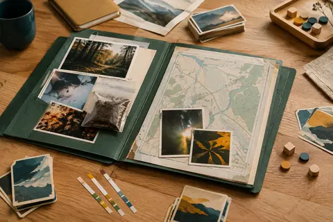 Dossier d’enquête vert sur une table claire avec documents, sachet de terre et bandelettes de test.
