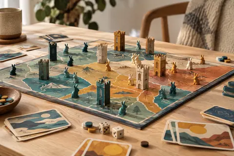 Plateau de conquête multicolore avec figurines de lapins, villes et cartes sur une table claire