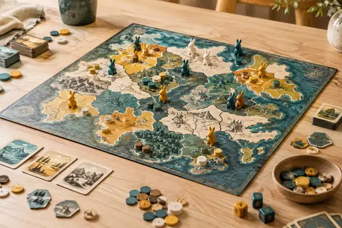 Plateau de jeu avec territoires cartonnés, pions lapins et jetons de ressources sur une table claire.