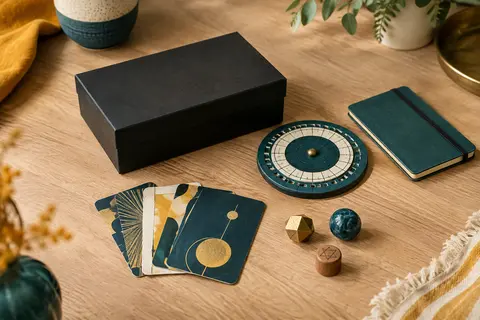 Jeu d’escape game en carton noir avec cartes, disque décodeur et carnet sur une table claire