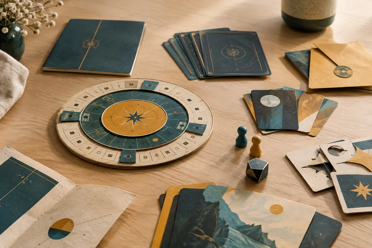 Disque décodeur, cartes et livret d’un jeu d’escape game disposés sur une table en bois clair.