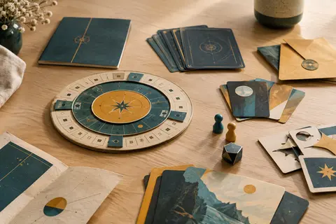 Disque décodeur, cartes et livret d’un jeu d’escape game disposés sur une table en bois clair.