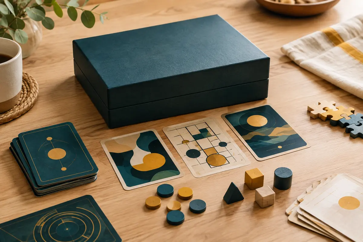Jeu d’escape game et cartes d’énigmes disposés sur une table en bois clair