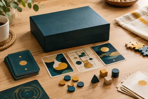 Jeu d’escape game et cartes d’énigmes disposés sur une table en bois clair
