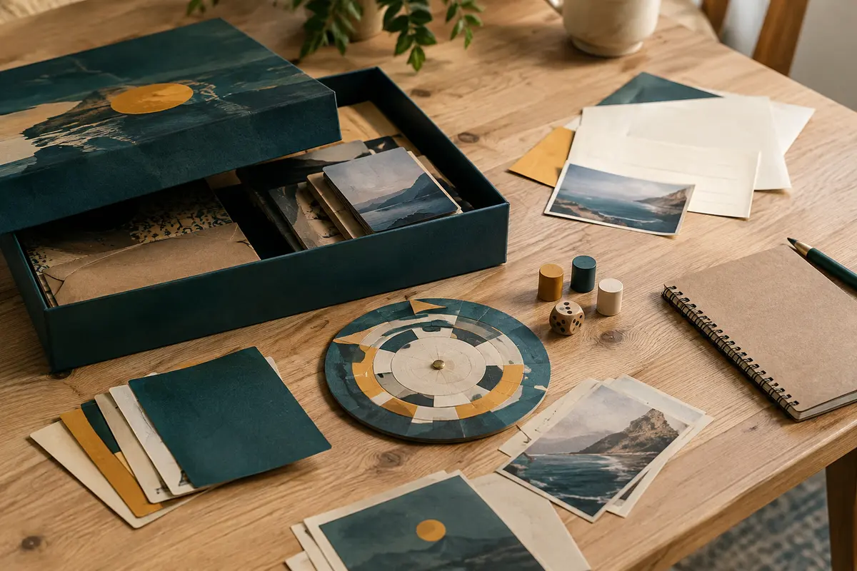 Boîte de jeu d’enquête avec cartes, disque décodeur et feuillets disposés sur une table en bois clair.