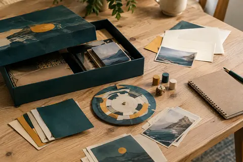 Boîte de jeu d’enquête avec cartes, disque décodeur et feuillets disposés sur une table en bois clair.