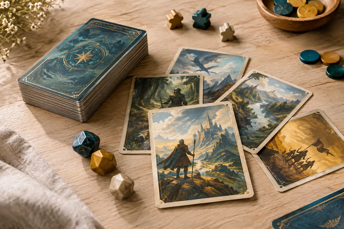 Cartes de deckbuilding fantasy étalées sur une table en bois clair avec quelques pions et dés