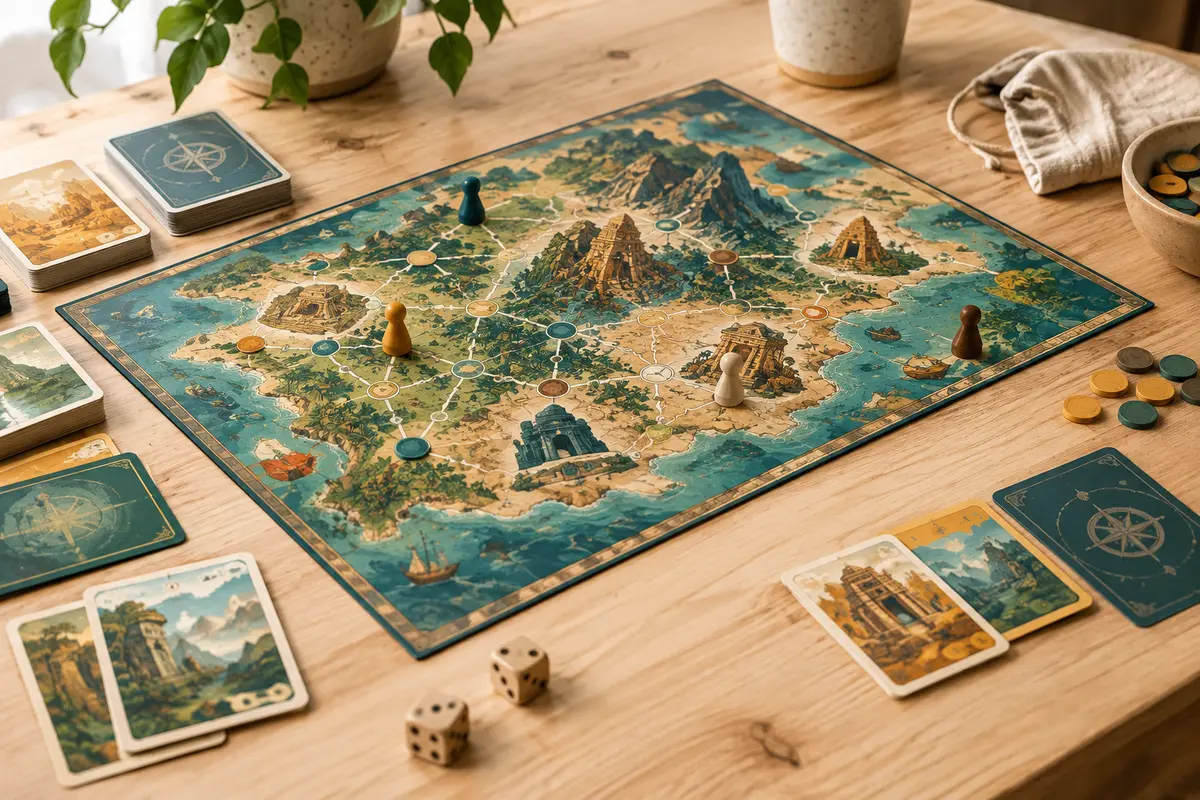 Plateau de jeu d’exploration avec cartes et pions disposés sur une table en bois clair.