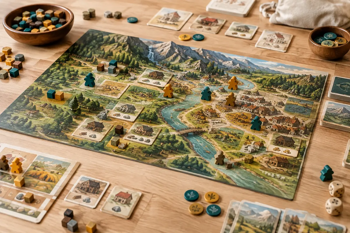 Plateau de jeu de placement d’ouvriers avec tuiles de bâtiments, ressources et pions sur une table claire