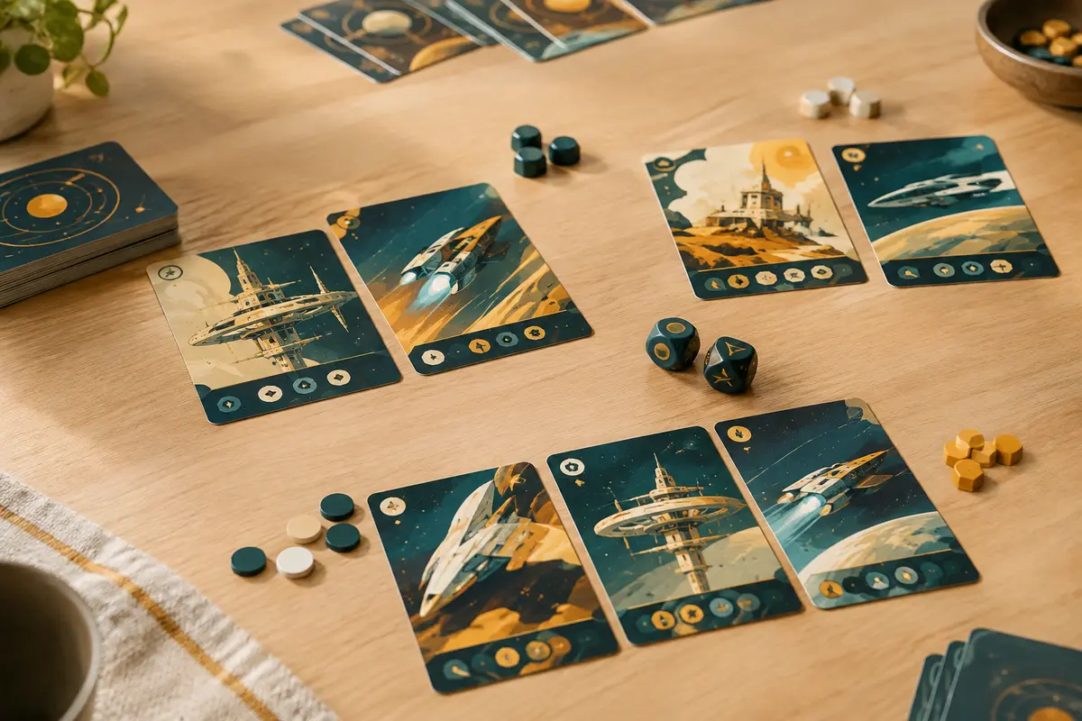 Cartes de deckbuilding spatial aux accents dorés disposées pour un duel sur une table en bois clair.