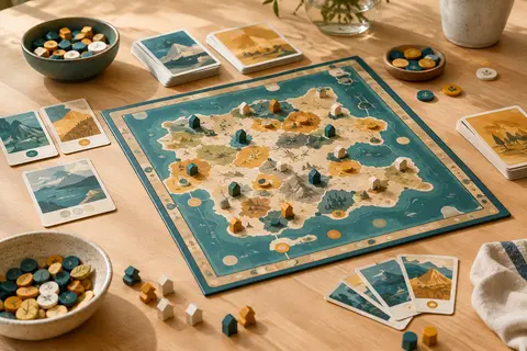 Jeu de placement stratégique à deux avec cartes, pions et jetons de ressources sur une table claire
