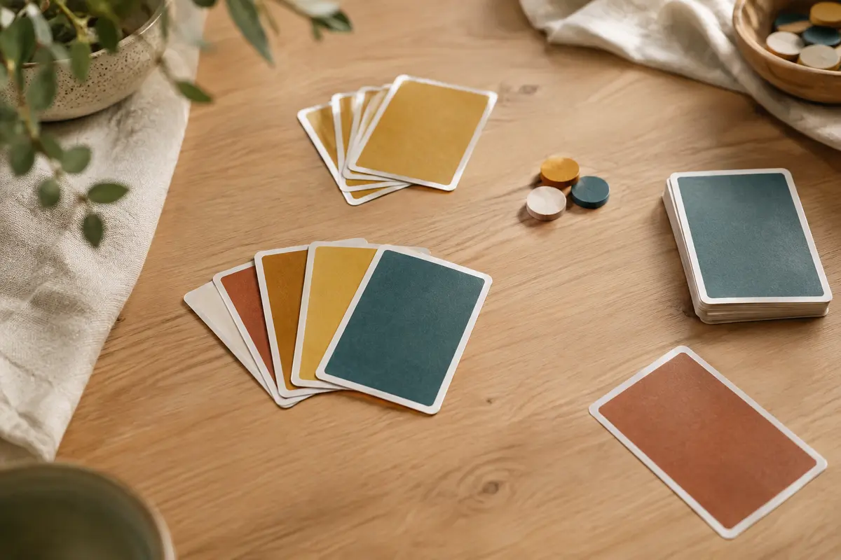 Cartes multicolores d’un jeu de plis coopératif disposées en plis sur une table en bois clair.