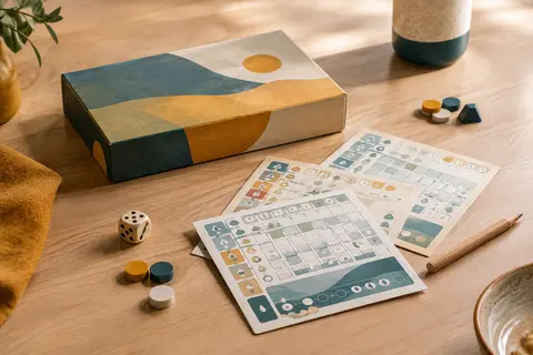 Jeu de dés roll & write compact posé sur une table claire avec des feuilles et un dé