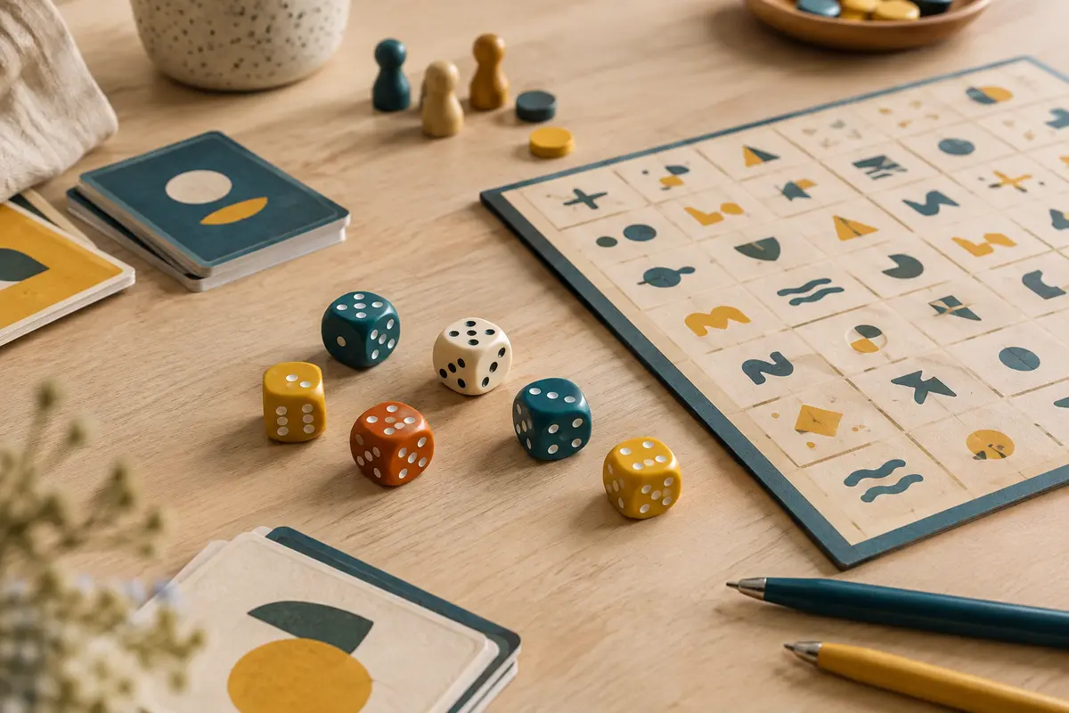 Dés colorés, bloc de jeu et stylos disposés sur une table claire pour une partie de Sixto.