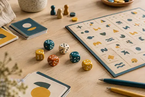 Dés colorés, bloc de jeu et stylos disposés sur une table claire pour une partie de Sixto.