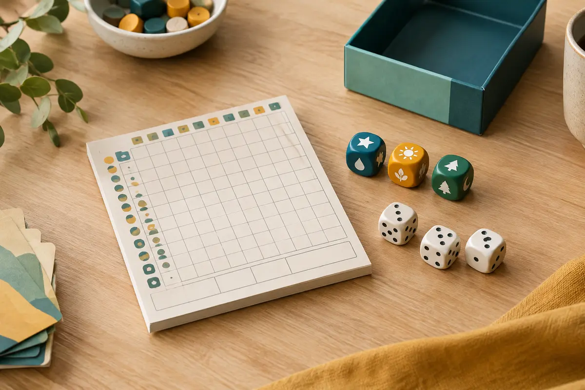 Bloc de jeu et six dés colorés du jeu Lost Cities Roll & Write sur une table en bois clair.
