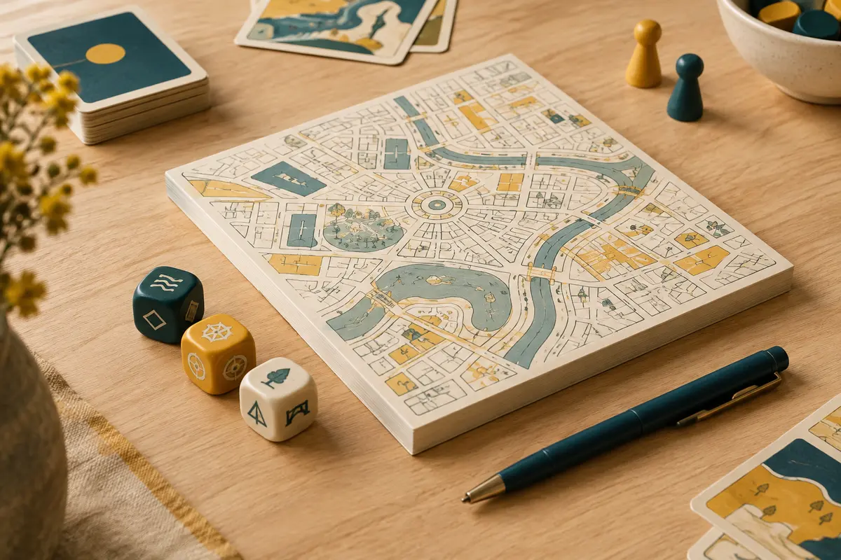 Bloc de jeu de ville à dessiner accompagné de trois dés spéciaux et d’un stylo sur une table