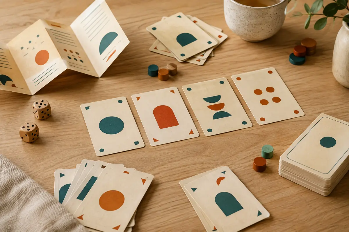 Cartes de jeu de lettres disposées sur une table en bois clair, avec des accents verts et rouges