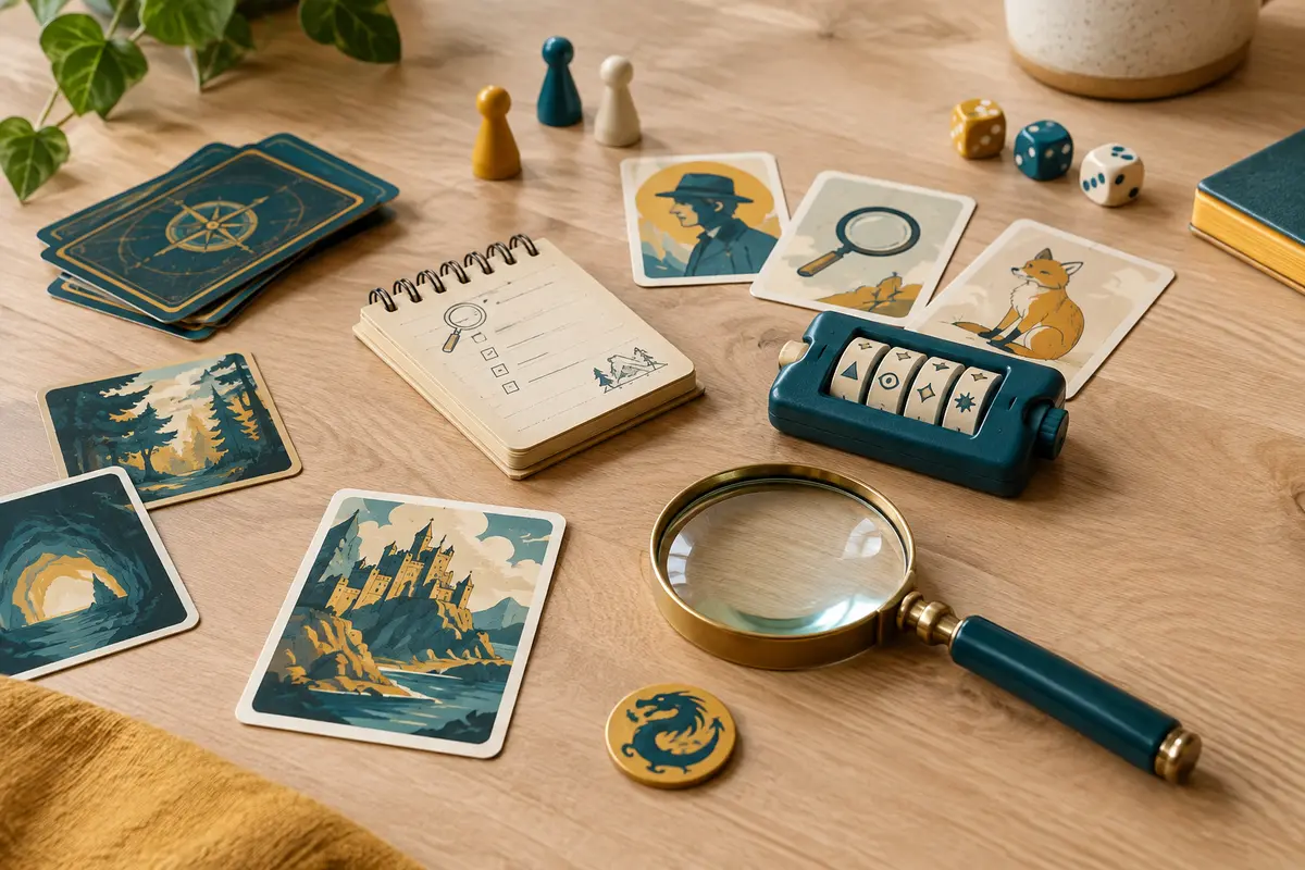 Jeu d’enquête junior avec cartes illustrées, loupe, décodeur, bloc et jeton sur une table claire