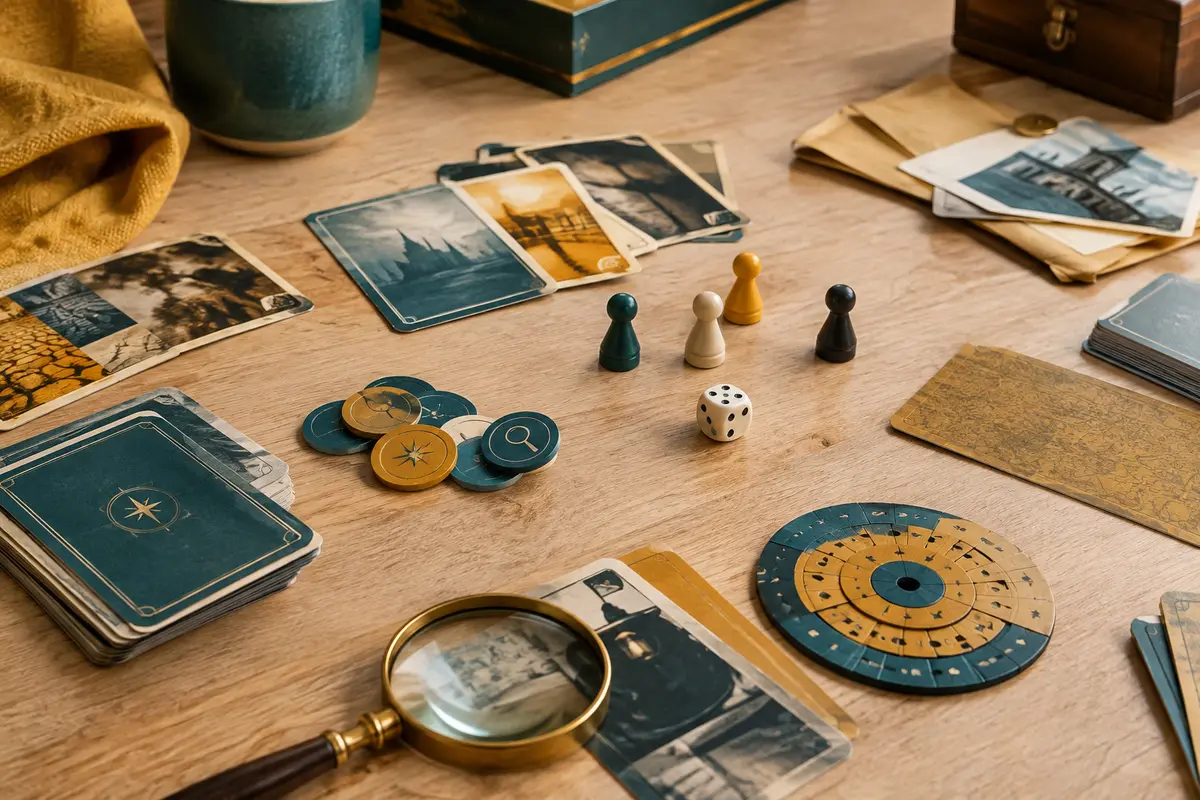 Cartes, décodeurs, pions et dé d’un jeu d’enquête disposés sur une table en bois clair