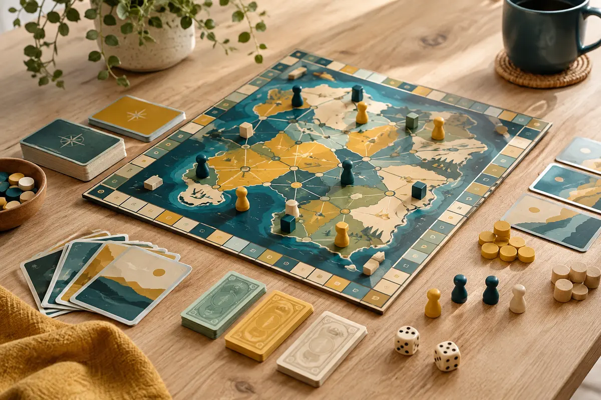 Plateau de jeu avec cartes, billets, dés et pions en bois sur une table claire