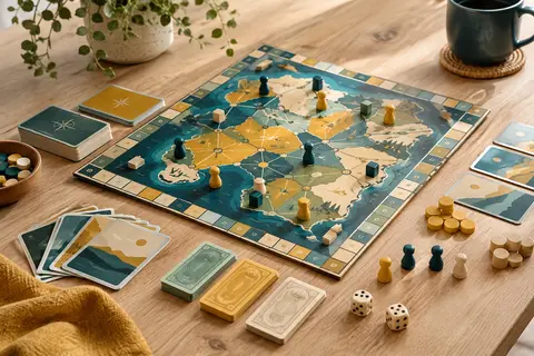 Plateau de jeu avec cartes, billets, dés et pions en bois sur une table claire
