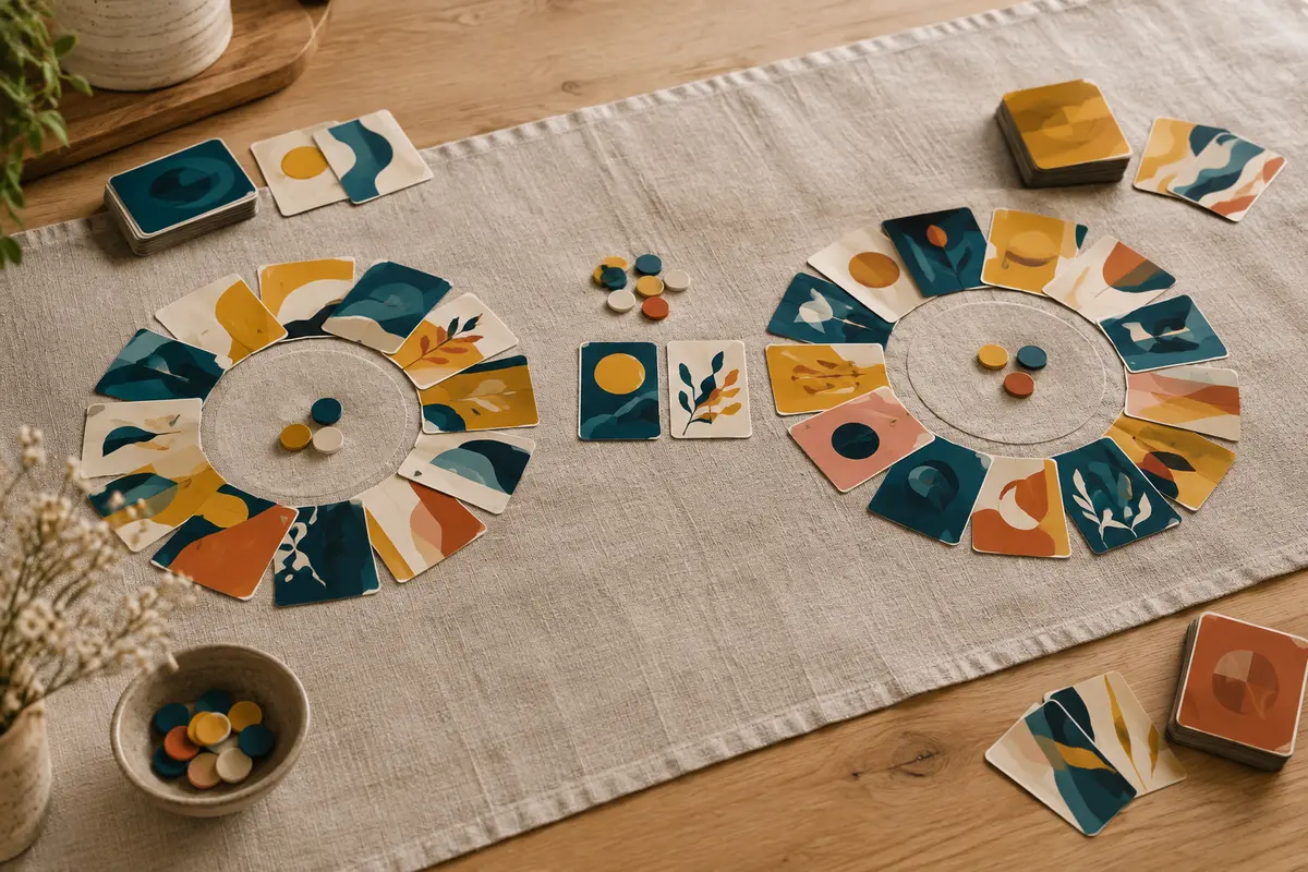 Cartes colorées disposées en deux motifs abstraits sur une table en bois clair et en lin écru