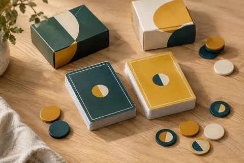 Deux decks de cartes et leurs boîtes disposés sur une table en bois clair avec quelques jetons.