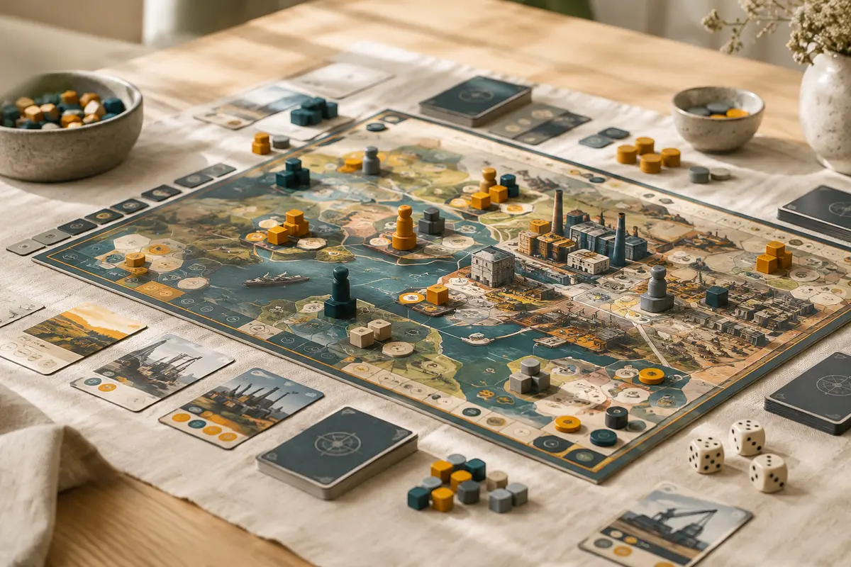 Jeu de plateau stratégique en carton avec cartes et pions disposés sur une table en bois clair