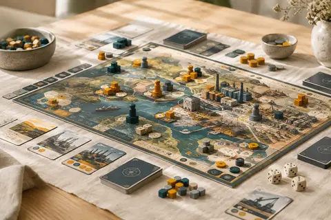 Jeu de plateau stratégique en carton avec cartes et pions disposés sur une table en bois clair