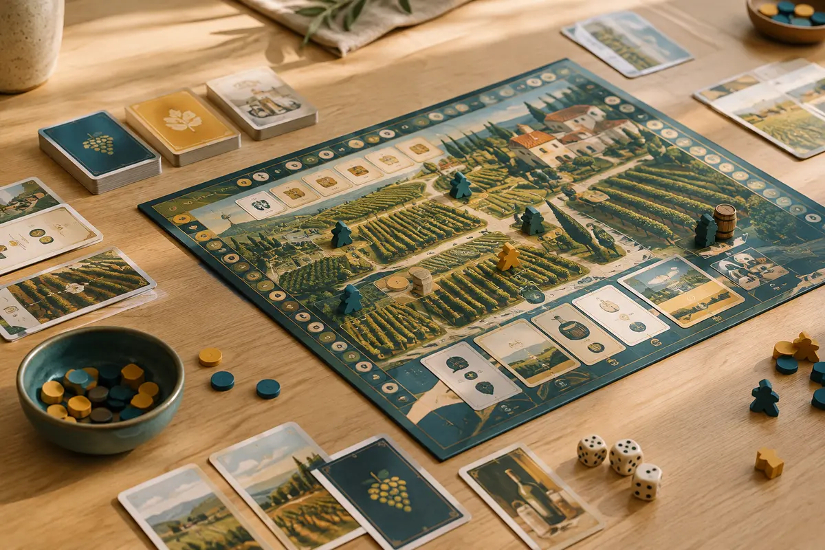 Jeu de plateau de gestion viticole avec plateau, cartes et pions disposés sur une table en bois clair