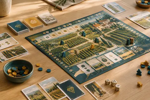 Jeu de plateau de gestion viticole avec plateau, cartes et pions disposés sur une table en bois clair