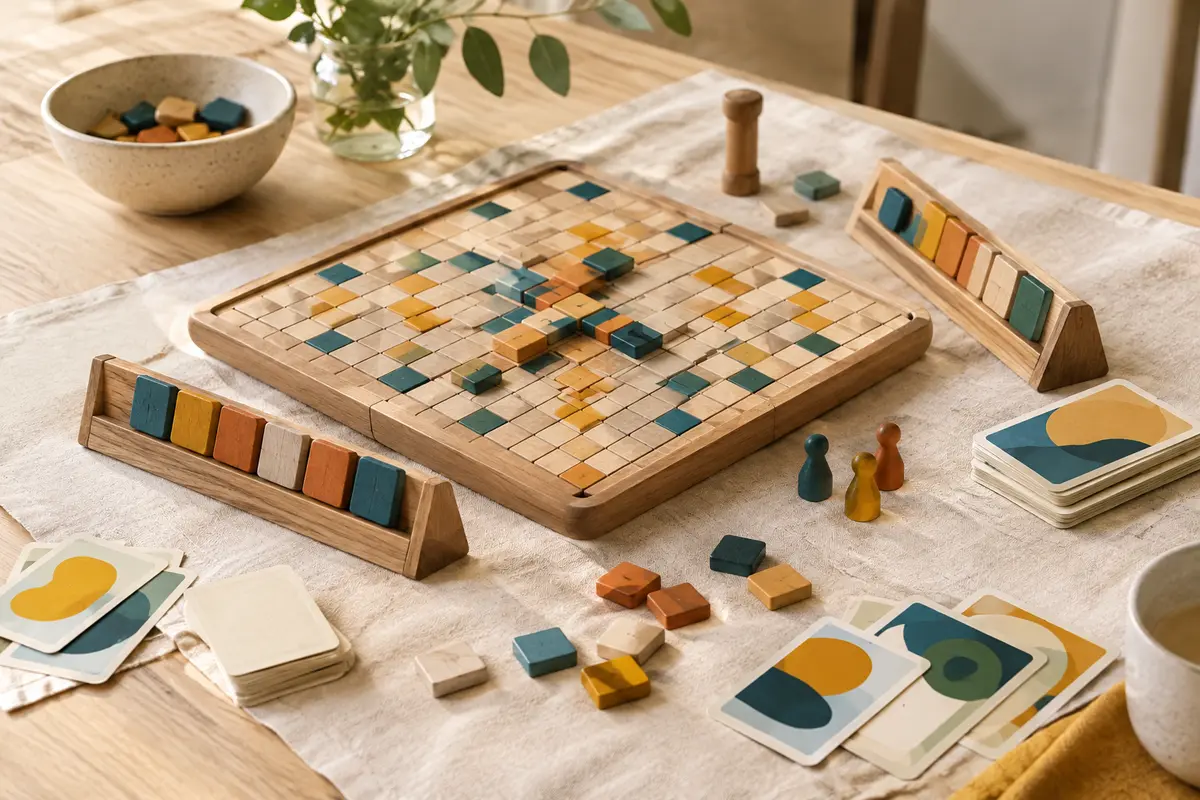 Plateau de jeu de lettres avec chevalets, lettres en bois multicolores et cartes sur une table claire