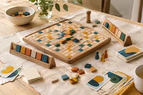 Plateau de jeu de lettres avec chevalets, lettres en bois multicolores et cartes sur une table claire