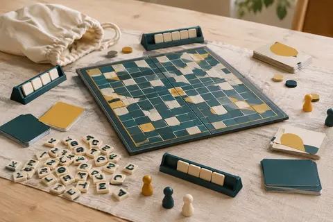Plateau de jeu de lettres avec tuiles, chevalets, cartes de défi et sac de rangement sur une table claire