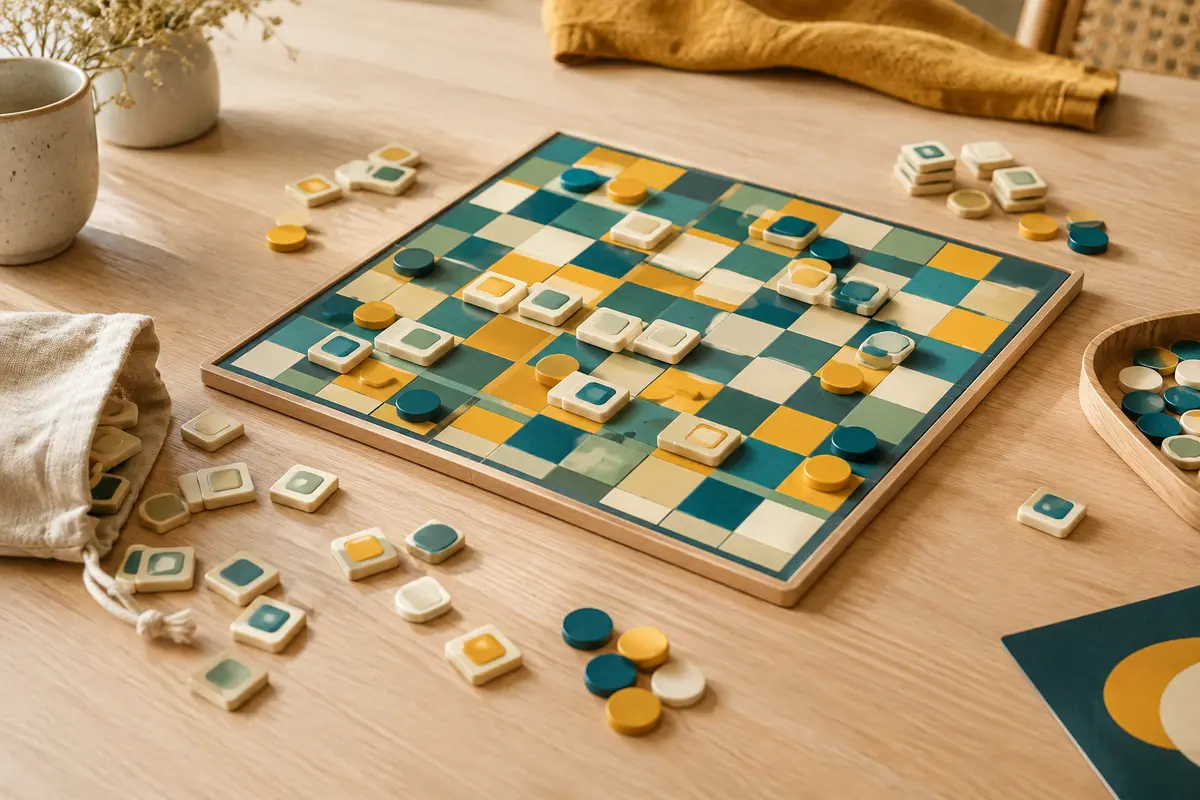 Plateau de jeu de lettres réversible avec petites tuiles et jetons colorés sur une table claire.