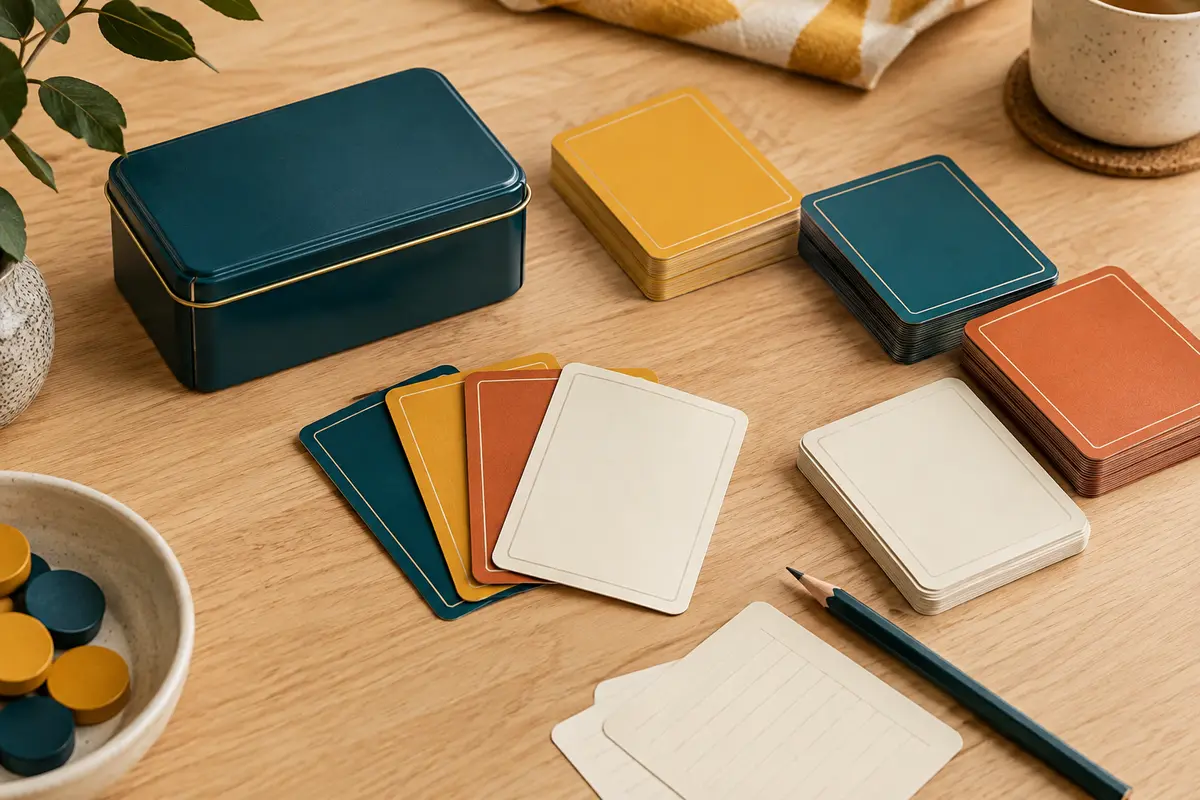 Boîte en métal et cartes multicolores de jeu de lettres posées sur une table en bois clair.