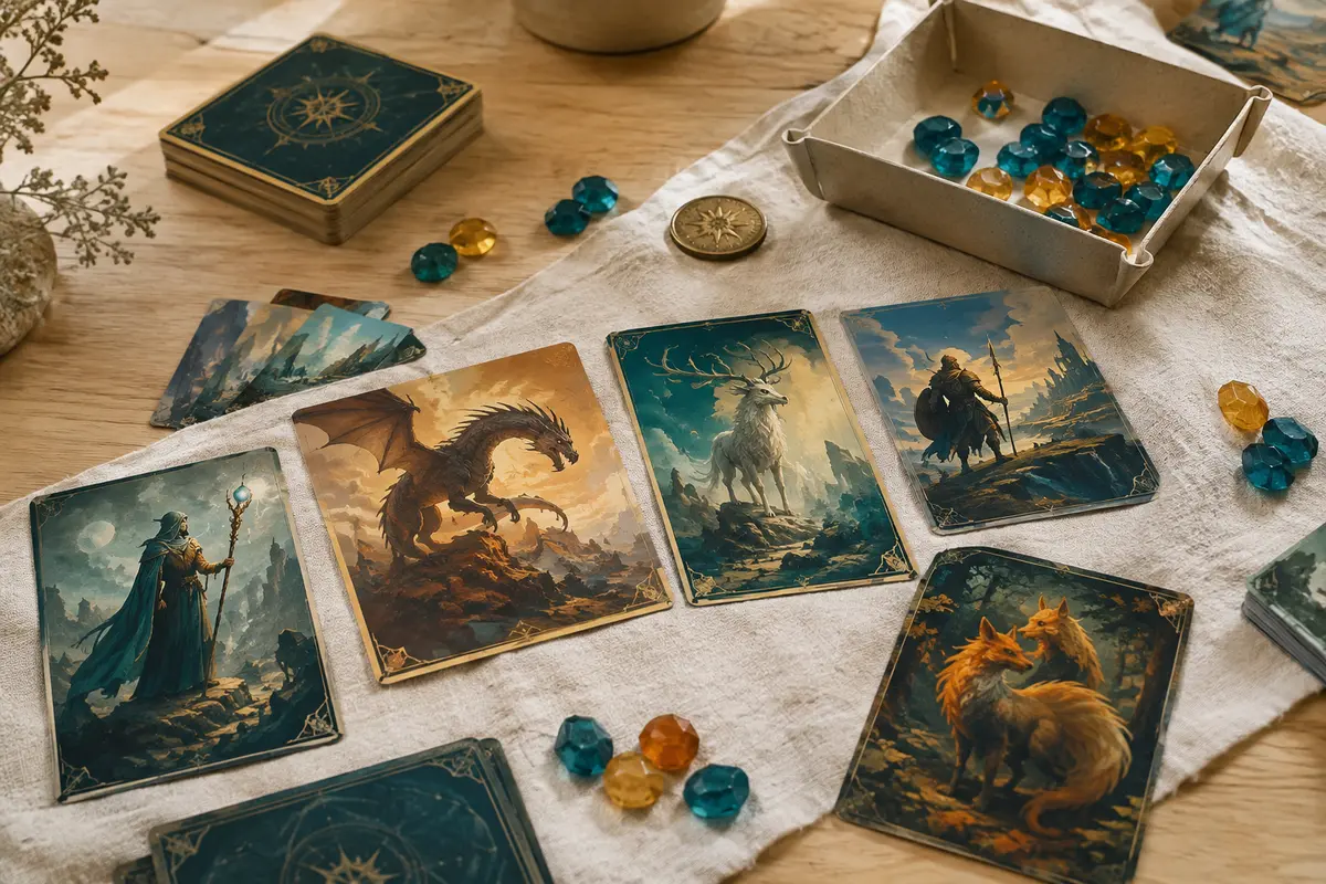 Cartes fantasy, plateau en papier et jetons disposés sur une table claire