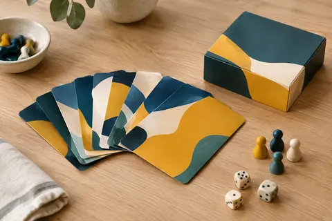 Boîte compacte et cartes d’un jeu d’ambiance disposées sur une table en bois clair