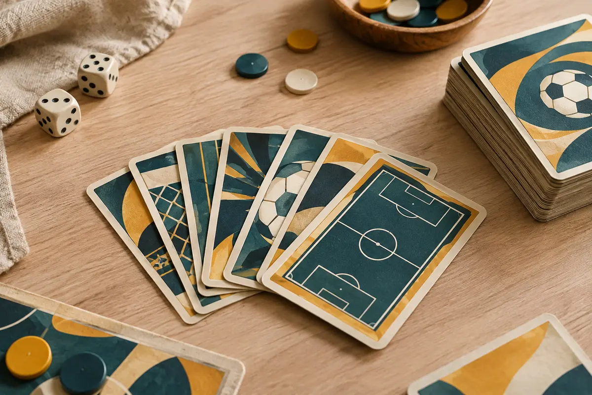Cartes à collectionner en papier disposées en éventail sur une table en bois clair