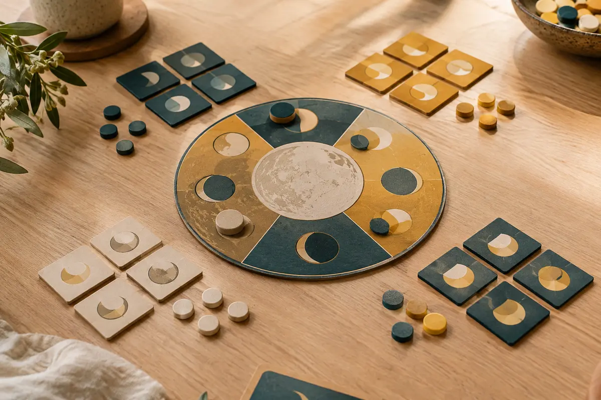 Horloge lunaire, plaquettes colorées et disques de jeu disposés sur une table en bois clair.