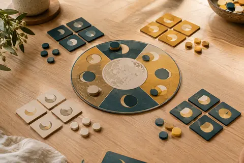 Horloge lunaire, plaquettes colorées et disques de jeu disposés sur une table en bois clair.