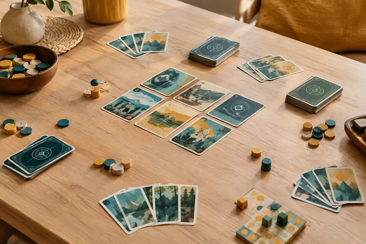Cartes bleues et vertes et jetons disposés sur une table en bois clair pour une partie coopérative